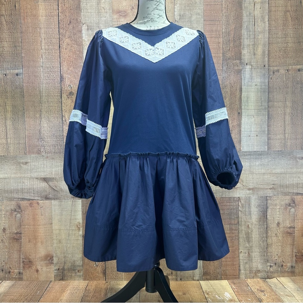 Tanya Taylor Kirstie Bishop Sleeve Mini Dress Navy White